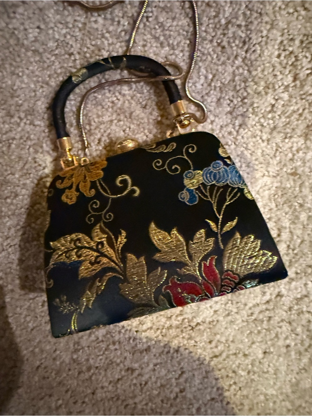 Vintage Vanessa Black & Gold Floral Silk Brocade Clutch Handbag with Chain